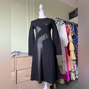 Black Leather Crisscross Design Long-Sleeve Knee-Length Midi Modest Dress Sz S